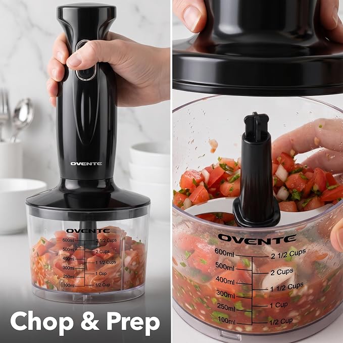 OVENTE Electric Hand Blender Set with 2 Mixing Speeds, 300W Black HS565B | Corded Immersion Handheld Stick Mixer with Stainless Steel Blades, Egg Whisk, Beaker & BPA-Free Food Chopper
