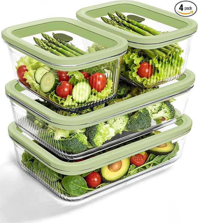 4-Pack Glass Container Set (2x 4.7 Cup & 2x 9.3 Cup), Ultimate Food Storage & Meal Prep with Easy-Open Valve, Tempered Glass Lids, Leakproof, Freezer to Oven Safe