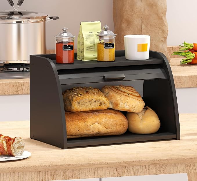 Black Bread Box for Kitchen Countertop, Bamboo Wood Bread Box, Wooden Corner Bread Storage Capacity