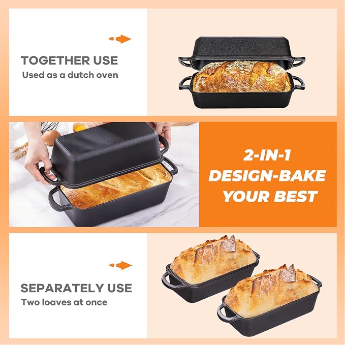 GRMImosa Cast Iron Loaf Pan 11x5 Inch with Lid, 5.8 Qt Bread Pan, Black | Heavy-duty Large Cast Iron Loaf Pan with Lid for Sourdough Bread, 5.8 Qt Pre-Seasoned Baking Pan, Even Heat Distribution