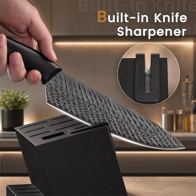 Knife Set, 15-Piece Kitchen Knife Set with Built-in Sharpener Block, German High-Carbon Stainless Steel, Dishwasher Safe, for Home Cooks and Everyday Meal Prep