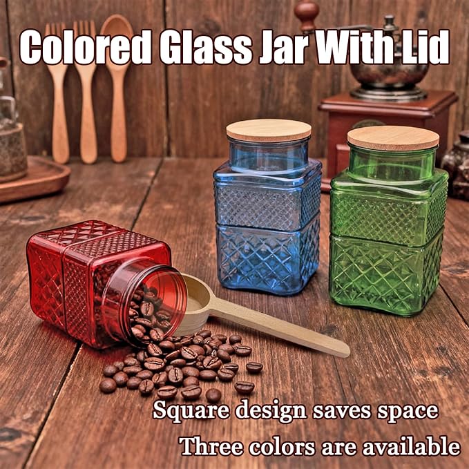 Coriario 60oz Square Glass Food Storage Jar with Airtight Lid and Spoon | Blue Large Glass Coffee Canister Vintage Decorative Sugar Container Jars