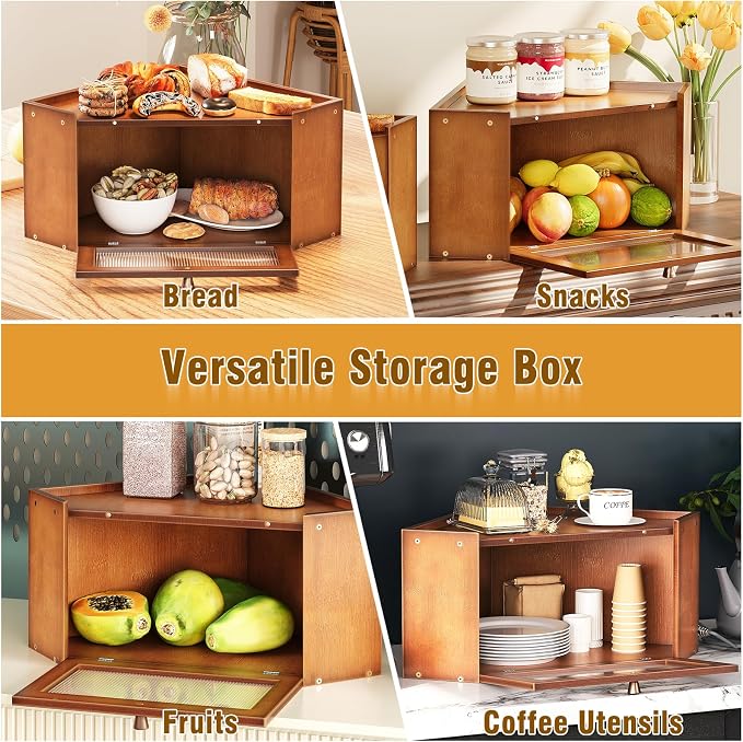Trironsun Corner Bamboo Bread Box for Kitchen Counter Large Capacity Rustic Bread Storage Container with Wavy Arcylic Transparent Door Vintage Storage for Homemade Bread (Brown)