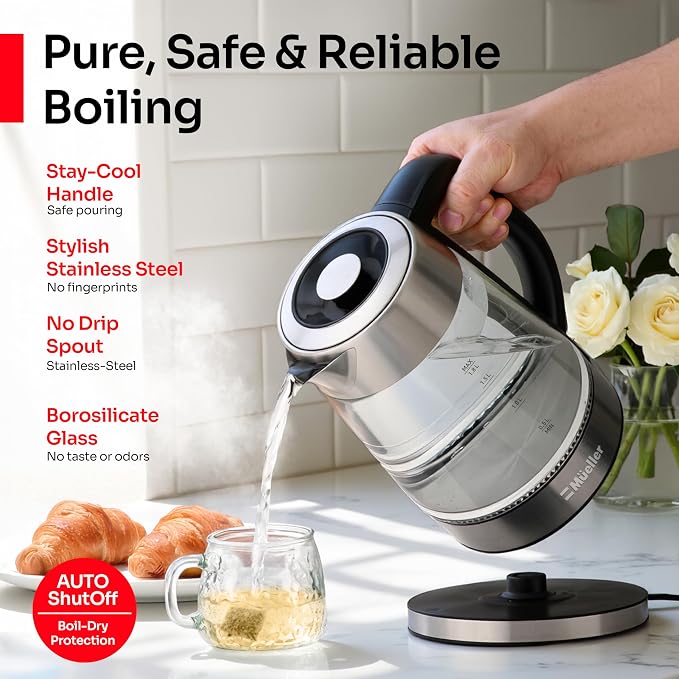 MUELLER HOME Rapid Boil Electric Tea Kettle 1.8L, BPA-Free Hot Water Boiler | Borosilicate Glass & Stainless Steel, LED Light, Auto Shut-Off, Boil Dry Protection Fast Water Heater, Kitchen Appliances