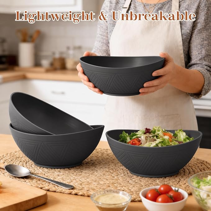 65 OZ Large Salad Bowls, Unbreakable Wheat Straw Bowls Set 4 PCS, Large Plastic Bowl Reusable, Microwave & Dishwasher Safe Kitchen Bowl for Salad, Cereal, Soup and Popcorn (Black)