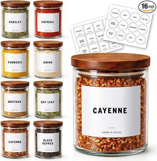 8 Pcs Glass Spice Jars with Acacia Airtight Lids and 120 Labels, 6oz Empty Containers Seasoning Bottles, Waterproof Minimalist Spice labels Preprinted, Jars for Pantry Organization and Storage (White)