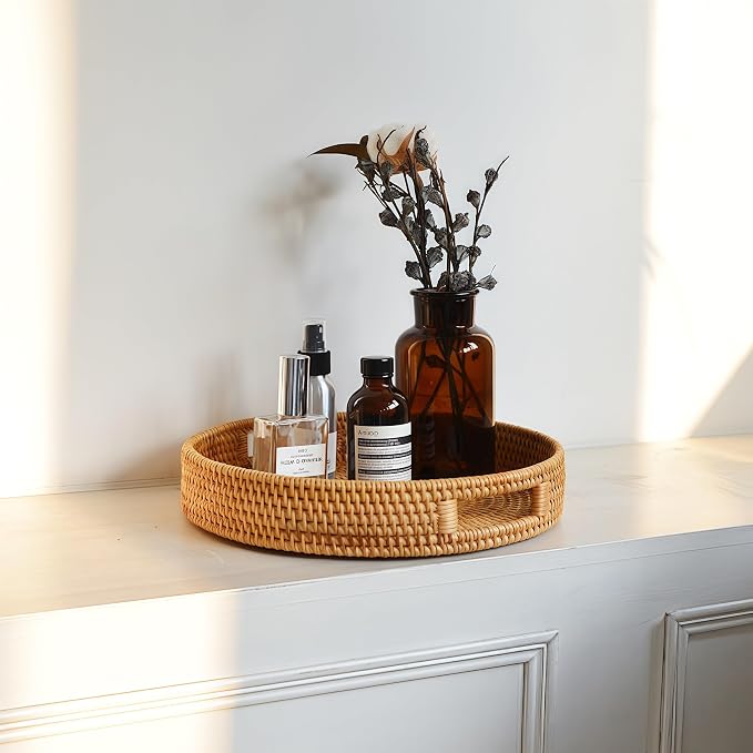 2 Pack Round Rattan Tray, Hand Woven Serving Tray with Handles, Wicker Serving Basket, Decorative Tray for Home Decor, Natural (11.8 + 14 inch)