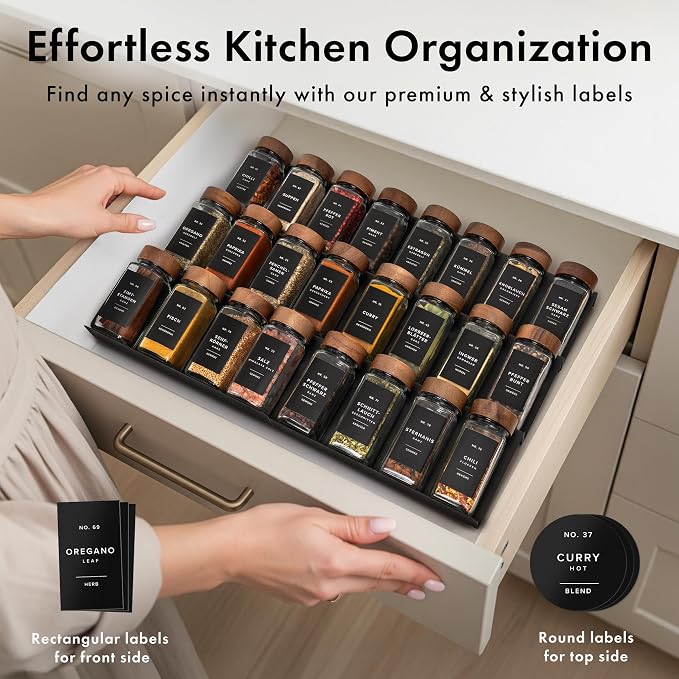 Glass Spice Jars with Label, 24x Acacia Wooden Lids - Black Labels | Airtight Lids keep spices fresh, Kitchen Spice Drawer Organizer, 4oz Seasoning Containers incl. Funnel, Brush & 240 Labels