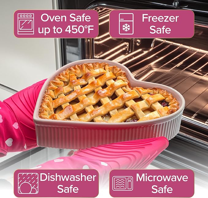 Paris Hilton Heart-Shaped Pie Dish Set, Finely Crafted 8-Inch and 10-Inch Stoneware Baking Dishes with Elegant Fluted Exterior, Nesting Design, Oven Safe up to 450°F, 2-Piece, Pink