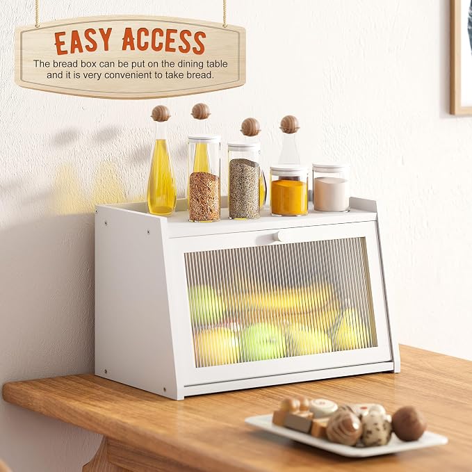 GHWIE Large Bread Box, Easy Access & Cleaning - Bamboo Bread Box for Kitchen Countertop with Acrylic Door (White, Medium)