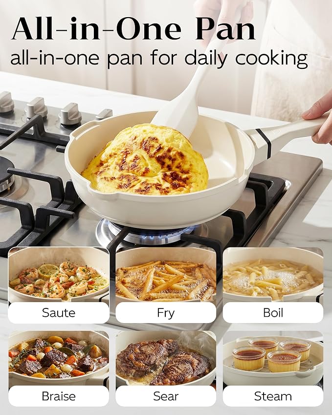 FDN 8" Ceramic Non Stick Frying Pans With Lid, Titanium Pans for Cooking, Non-Toxic PFAS-Free, Induction & Oven-Safe Cookware, Cream White For Daily Cooking