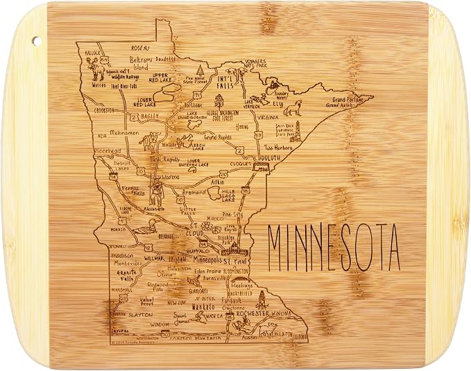 Totally Bamboo A Slice of Life Minnesota Engraved Map Cutting Board | 11” x 8.75” charcuterie board with engraved state map artwork. Smooth reverse side for food prep. Hang tie for wall display.
