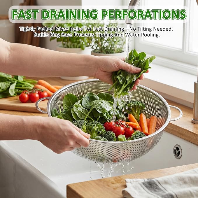 Gisafai 3 Pcs 10/12/16 Quart Stainless Steel Colander Set for Kitchen Micro Perforated Exlarge Metal Pasta Strainer with Handles Metal Mesh Strainer Net Basket Self Draining Solid Base for Pasta