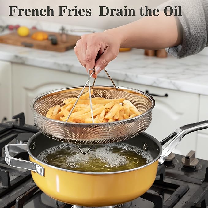 10-in-1 Yellow Ceramic Nonstick Deep Saute Pan Set With Steamer & Lid, 4QT | 10".PFAS-free frying pan.non-toxic. Induction ready. Oven safe to 480°F. Cool-touch handle. Dishwasher safe. Perfect for RVs!