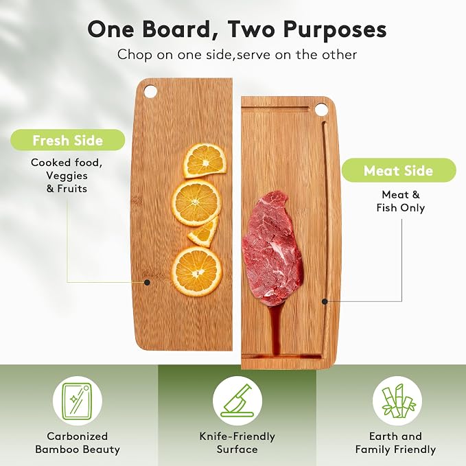 Bamboo Cutting Boards for Kitchen Set of 2, Carbonized Wood Cutting Board Set with Deep Juice Groove for Chopping Meat, Vegetables, Fruits, Nuts, Lightweight & Durable, Ideal Kitchen Gift