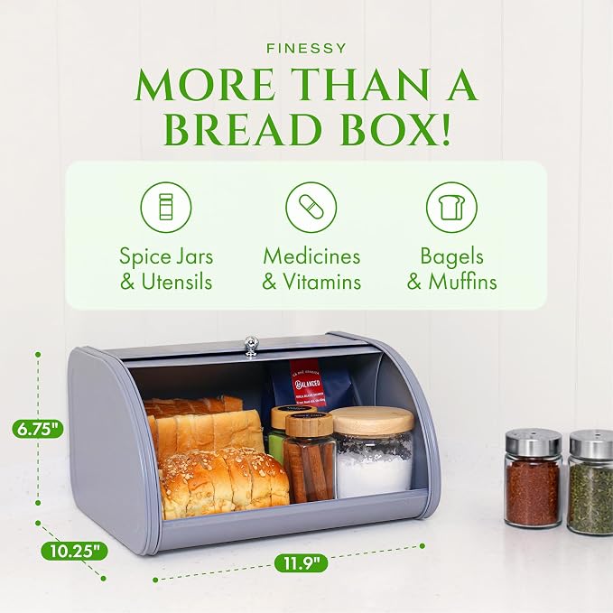 FINESSY Metal Bread Box For Kitchen Countertop, Gray Bread Box Roll Top | Bread Container Holds 1 Standard Loaf With Bagels And Muffins. No Assembly Bread Box, With Roll Top Lid 11.9 x 10.3 x 6.7 ins