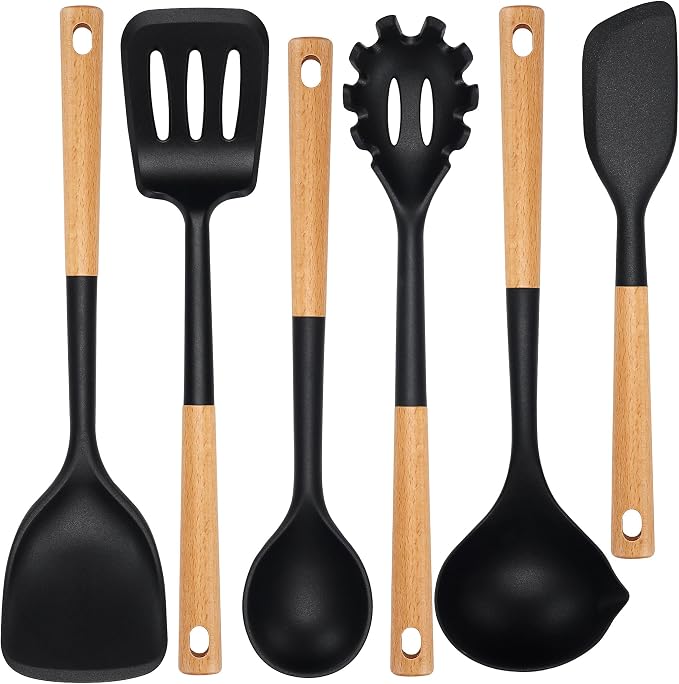 NCUE 6-Pcs Silicone Kitchen Utensils Set Wood Handle BPA-Free Food Grade (Black, 6 Piece)