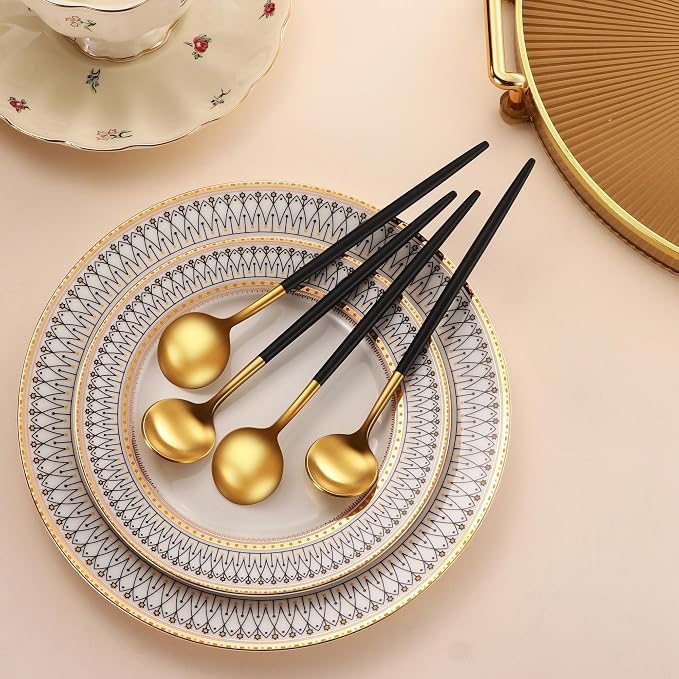 DEHOV 7.95 Inches Satin Gold SS18/10 Long Stirring Spoons With Black Handle,Elegant Iced Tea Spoons,Long Handle Mixing Spoons For Coffee,Cocktail,Ice Cream,Milk