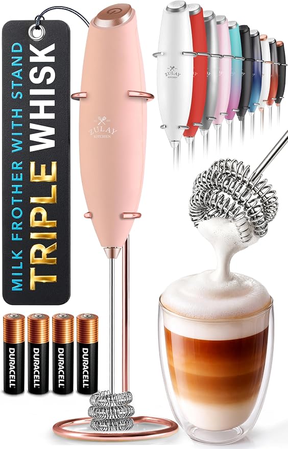 Zulay Kitchen Powerful Milk Frother Wand With Duracell Batteries - Ultra Fast Handheld Drink Mixer - Electric Whisk Foam Maker for Coffee, Lattes, Cappuccino & Matcha - Triple Whisk - Peach Radiance
