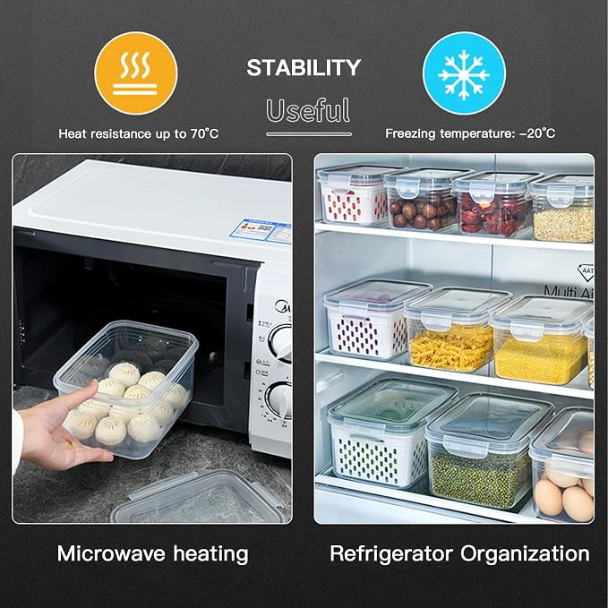 Fruit Storage Containers for Fridge, 3PCS Airtight Fruit & Vegetable Storage Containers with Removable Drain Basket, BPA-Free Berry Keeper, Stackable Refrigerator Organizer for Lettuce, Meal Prep