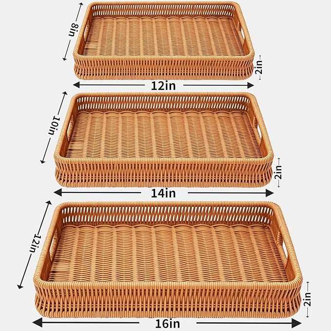 3PCS Hand-Woven 16“ Rattan Rectangular Serving Tray with Handles – Wicker Tray for Coffee Table Decor, Breakfast Basket, Drinks, Fruit, Snacks Organizer, Ottoman & Kitchen Counter Outdoor