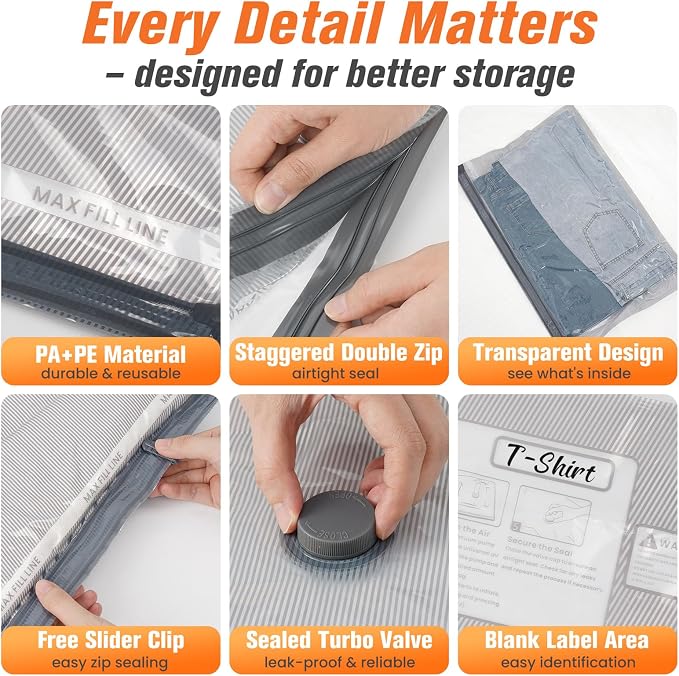 9 Combo Size Vacuum Storage Bags for Travel with Cordless Pump, Space Saver Bags for Clothes, Compression Packing Bags for Luggage