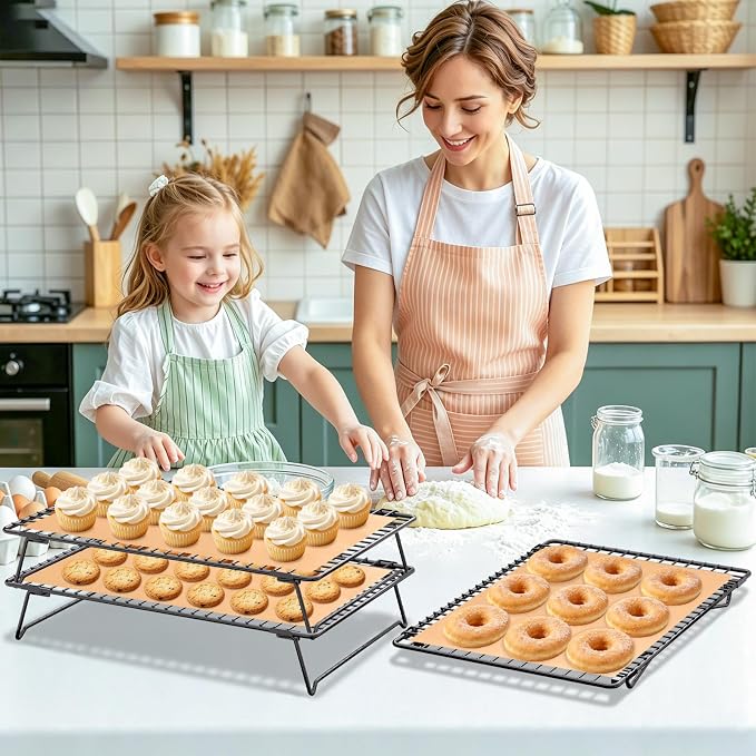13.4 * 9.4 IN 3-Tier Collapsible Cooling Rack with 50 Pcs Baking Papers | Cookie Cooling Racks, Wire Rack For Cooking & Baking, Dessert Display, Drying, Dishwasher Safe, Black