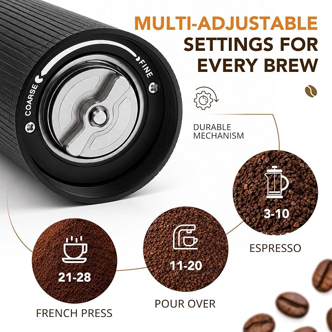 Portable Manual Coffee Grinder, Adjustable Stainless Steel Burr | Portable Aluminum Coffee Grinder with 28-Click Settings for Espresso, Pour Over and French Press