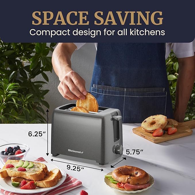 Elite Gourmet ECT1027G Cool-Touch 2-Slice Toaster, Gunmetal Gray | 6 Toast Settings & Cancel Function, Extra-Wide 1.25" Slots Fit Breads, English Muffins, Bagels & Waffles