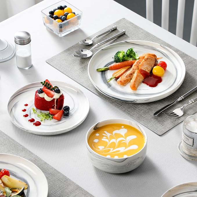 MALACASA 12 Pcs Porcelain Plates and Bowls Sets,Dinnerware Set for 4,Grey | Modern Ceramic Dishware Set,Kitchen Dining Ware,Microwave and Dishwasher Safe,Unique Marble Grey Design,Series LUNA