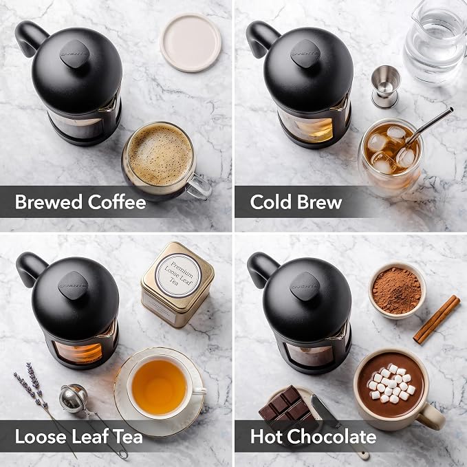 OVENTE 12oz French Press Coffee Maker with 4-Level Filtration, Black FPB12B | Heat Resistant Borosilicate Glass Pot, Dishwasher Safe Stainless Steel Filter, Portable Cafetiere for Travel, Camping or Gift