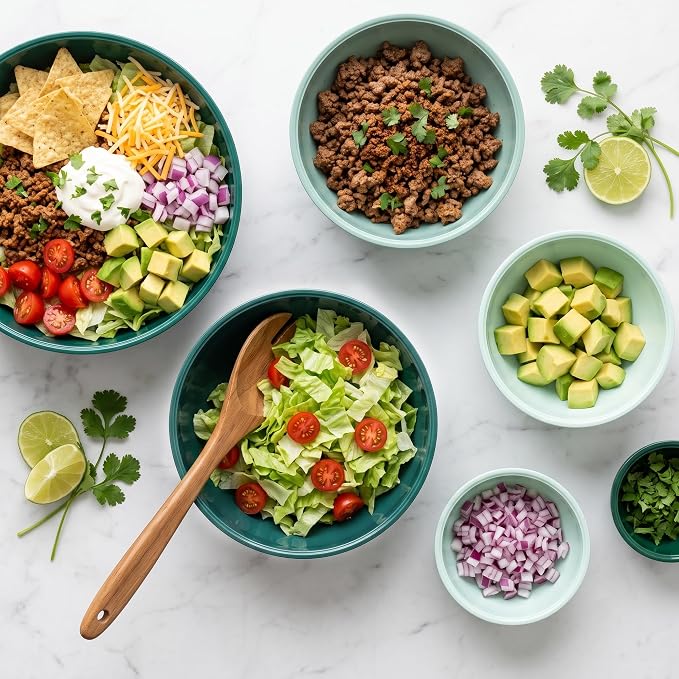 BoxedHome BPA Free Plastic Round Mixing Bowl with Lids, 12 Pack Nesting Bowls with Lids Set, Microwave and Dishwasher Safe Prep & Serving Bowls Great for Mixing, Baking, Serving (Green, 12pcs)