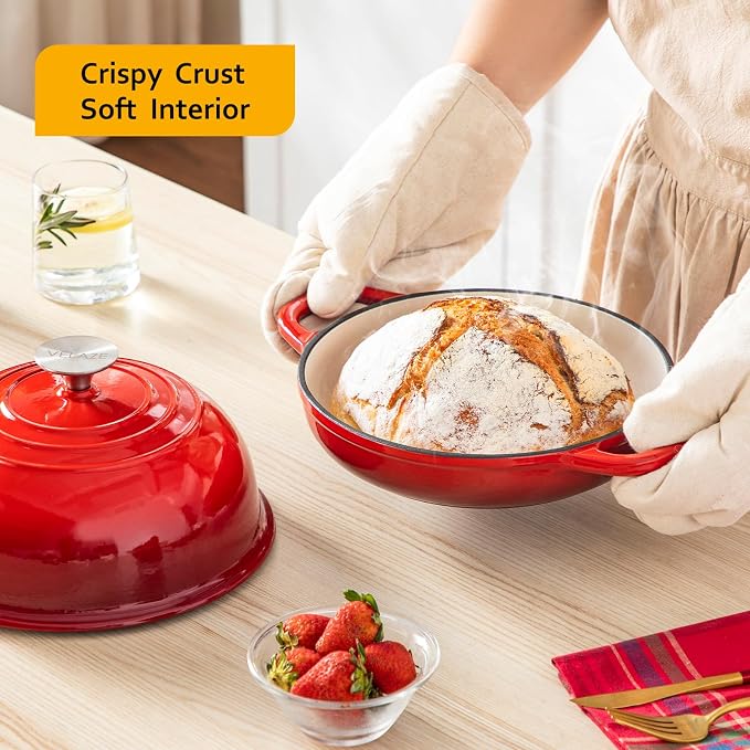 Velaze 5 QT Enameled Cast Iron Dutch Oven for Bread Baking with Dome Lid | Traps Steam for Crispy Artisan Sourdough Bread,Oven Safe,Ergonomic Handles,Gift for Bakers and Bakery Style Loaves,Red