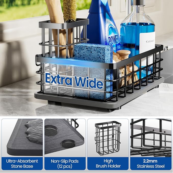Kitchen Sink Caddy Organizer with Sponge & Brush Holder, Stone Drying Mat | Extra-Large Kitchen Countertop Organizer, Stainless Steel Kitchen Sink Accessories with Quick-Dry Soap Tray for Fewer Stains