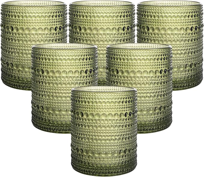 Moretoes 10oz Green Hobnail Drinking Glasses Set of 6 Cocktail Glasses | Vintage Old Fashion Glassware, Textured Glass Cups Bubble Glasses Water Glasses Jupiter Glasses Set