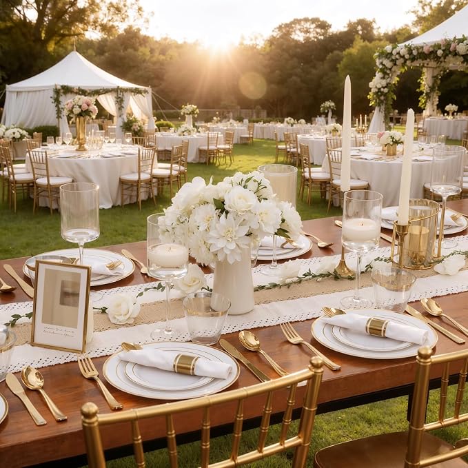 350Piece Gold Dinnerware Set for 50 Guests - Gold Plastic Plates with Disposable Cutlery - 50Dinner Plates-50Dessert Plates-50Pre Rolled Napkins with Silverware for Wedding/Birthday