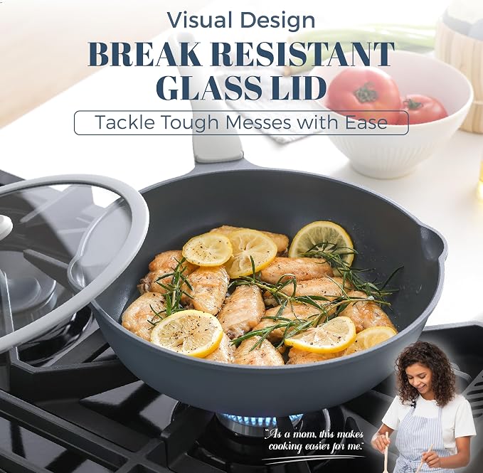 PRICUSIS Ceramic Nonstick Deep Saute Pan with Lid, 10/12 Inch Non Toxic Pans with Double Pour Spout, Helper Handle and Lid, Metal Utennsil Safe, Dishwasher Safe, (12 Inch, Gray)