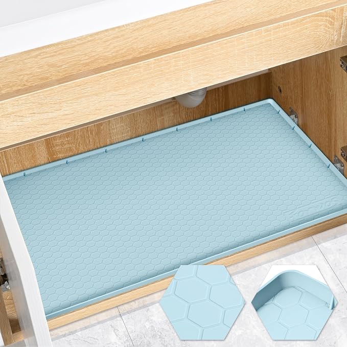 Silicone Under Sink Mat 31"x22", Waterproof Cabinet Liner, LightBlue | Shelf Liner, Cabinet Protector, Home Organizer, for Kitchen, Bathroom, Multipurpose, Leak Proof, Easy Clean, Drip Tray, Clean