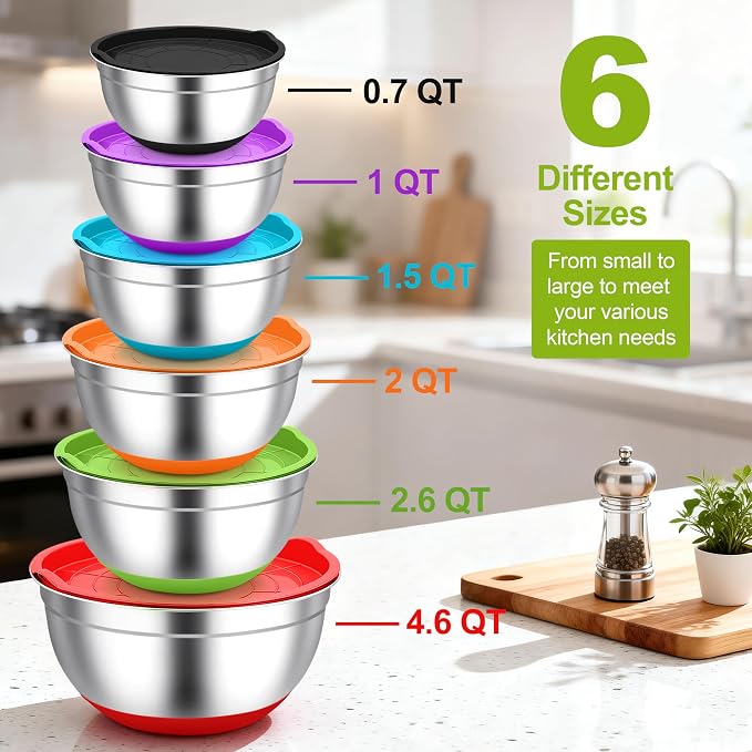 TeamFar Mixing Bowls, Stainless Steel Salad Bowls with Lids - Colorful | Nesting Bowls with Non-slip Bottom, for Kitchen Baking Preparing Serving, Stackable & 6PCS - 4.6 /2.6 /2 / 1.5 /1 / 0.7 Qt