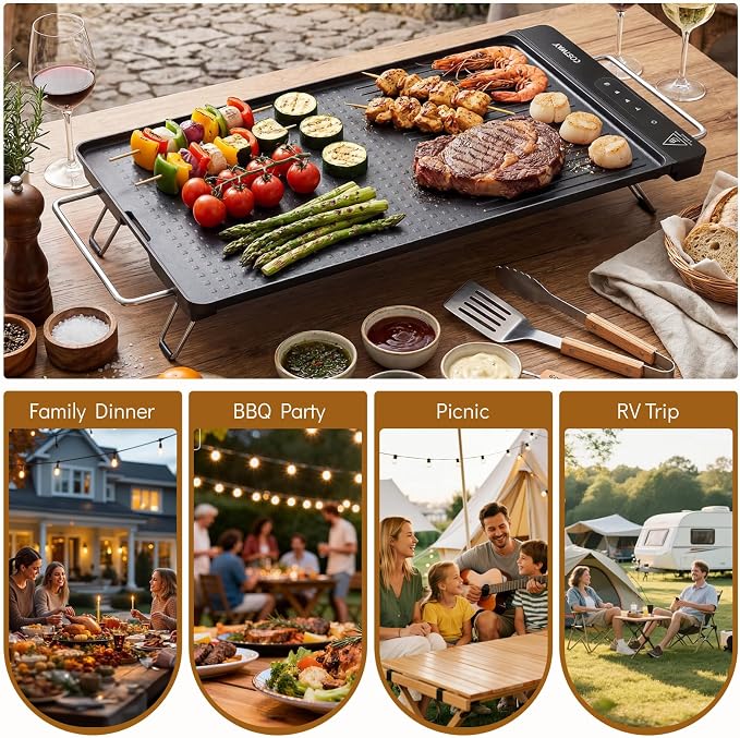 COSTWAY Electric Grill w/Removable Touch Panel, 1300W Indoor Griddle w/Adjustable Temperature, Fast Even Heating, Cool-Touch Handles & Foldable Legs, Dishwasher Safe IPX9 Waterproof Nonstick Plate