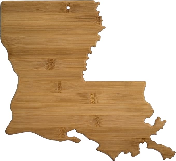 Totally Bamboo Louisiana State Shaped Bamboo Serving and Cutting Board | State charcuterie board with natural bamboo grain. Knife-friendly surface for food prep. Hang tie for wall display.