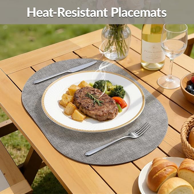 Placemats Set of 4, 11.8 x 17 Inch, Light Grey | Heat Resistant Oval Faux Leather Place Mats, Waterproof Wipeable Reversible PU Placemat, Indoor & Outdoor