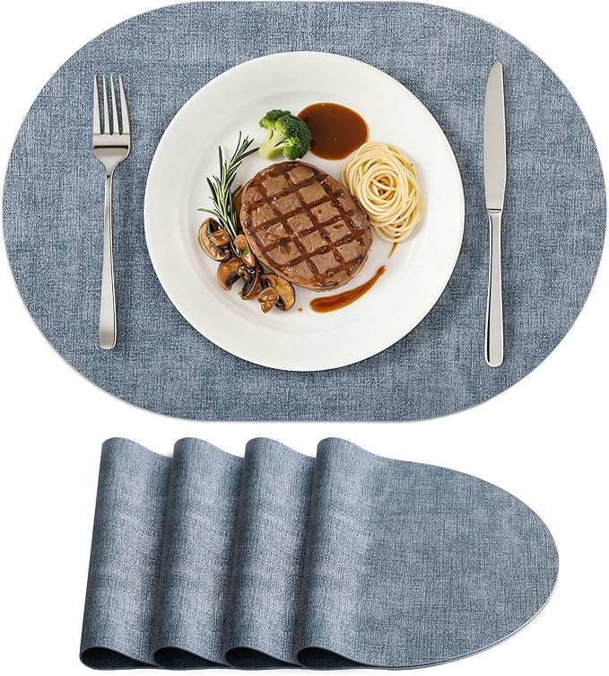 Placemats Set of 4, 11.8 x 17 Inch, Blue | Heat Resistant Oval Faux Leather Place Mats, Waterproof Wipeable Reversible PU Placemat, Indoor & Outdoor