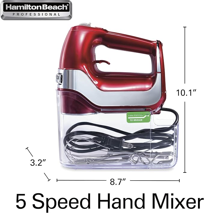 Hamilton Beach Professional 5-Speed Electric Hand Mixer | High-Performance DC Motor | Slow Start | Snap-On Storage Case | Stainless Steel Beaters & Whisk | Red & Chrome| 62653