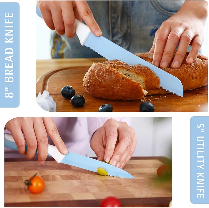hecef 15 Pieces Kitchen Knife Block Set, Blue | Built-in Sharpening Wooden Block, Dishwasher Safe, High Carbon Stainless Steel, Includes Steak Knives & Kitchen Scissors