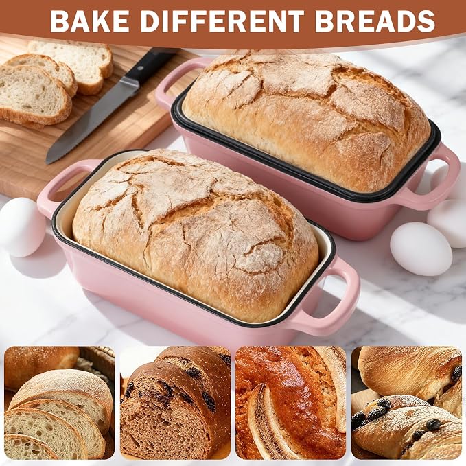 9 x 5 Inch Bread Pan Enameled Cast Iron Loaf Pan with Lid for Baking Pink | 2 in 1 Non-stick Sourdough Bread Loaf Pan for Homemade Bread, Oven & Stovetop Safe for Gas, Electric & Induction
