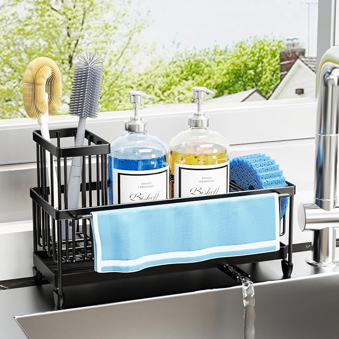 Moforoco Larger Version Sponge Holder for Kitchen Sink, Sink Caddy with High Brush Holder, Kitchen Sink Organizer Countertop Rustproof 304 Stainless Steel (Black with Towel Rack)
