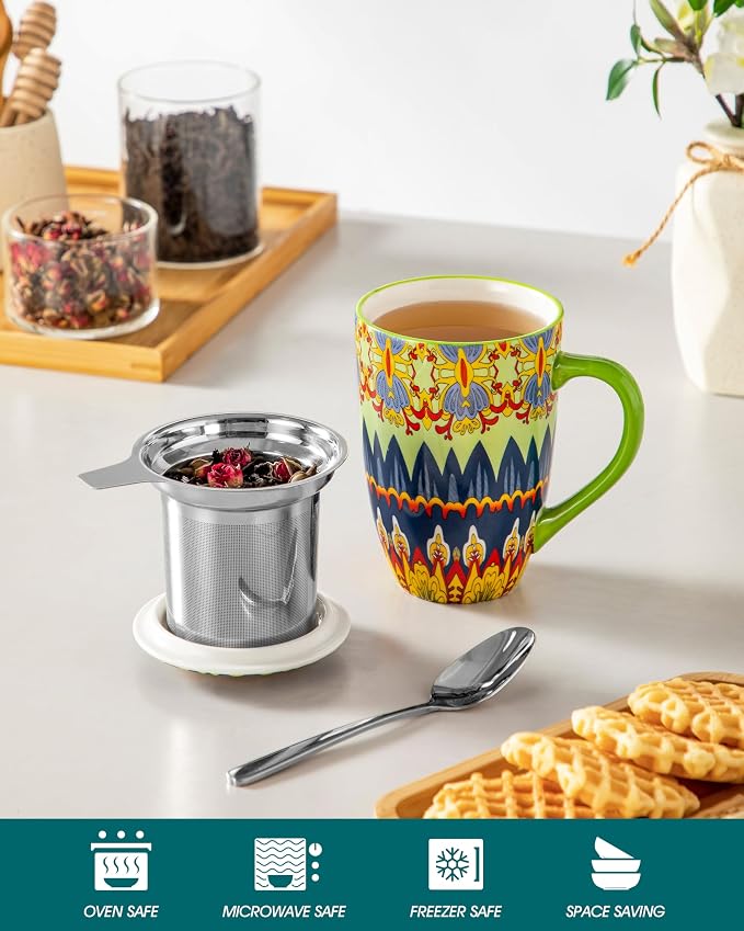 vancasso 18 Oz Tea Infuser Mug with Lid, Mint Petal Whirl | Eye-Catching Bohemian Pattern, Adds Charm to Any Tea Corner, Ceramic Mug with Infuser, Microwave and Dishwasher Safe