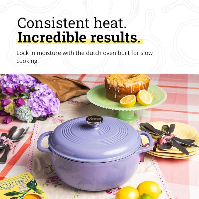 Lodge Essential Enamel Cast Iron Dutch Oven 6 Quarts - Perfect for Bread Baking, Braising, Marinating & Slow Cooking, Features Moisture-Sealing Lid & Dual Handles, Kitchen Essentials, Lilac