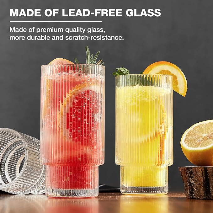 Qipecedm® 6 Pack Ribbed Drinking Glasses, 16 oz Vintage Glass Cups, Highball Glasses, Premium Iced Coffee Glasses, Clear Glass Tumbler, Cocktail Glasses, Elegant Glassware for Water Juice Whiskey Beer